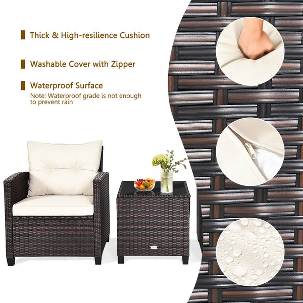The strong and sturdy steel frame ensures the sturdiness of the set<br>Hand-woven rattan can withstand moderate rain or wind in outdoor<br>A wide armrest in suitable height is good for supporting and relaxing your arm<br>Thick and soft cushion with a high