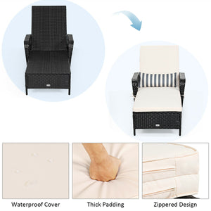 6-Gear adjustable backrest meets various sitting needs<br>Thick padded cushion and lumbar pillow for a comfortable experience<br>Weather-resistant PE wicker rattan chairs for indoor and outdoor use<br>Non-slip and anti-scratch foot pads ensure safe using 