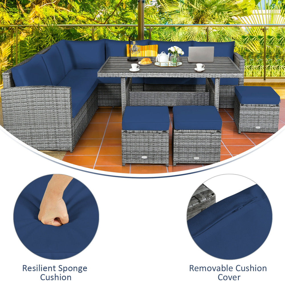 Packages include 3 loveseats  3 ottomans  1 table  6 seat cushions  7 back cushions  and instruction<br>Packages come in 4 boxes<br>Powder-coated steel structure provides strong durability and stability<br>All-weather and wear-resistant rattan ensures lon