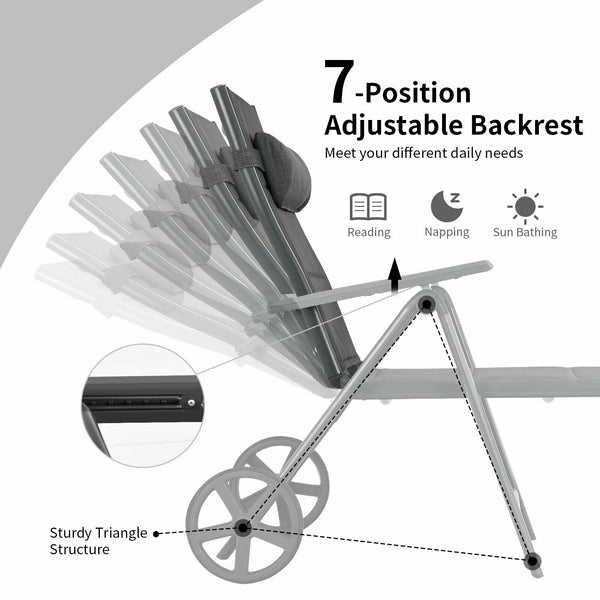 This cotton-padded patio chaise lounge chair is really utility and functional in your daily life. Â  With our lounge chair  you can do multiple outdoor activities  like fishing  sunbathing or taking a nap. The adjustable backrest helps you find out the mo