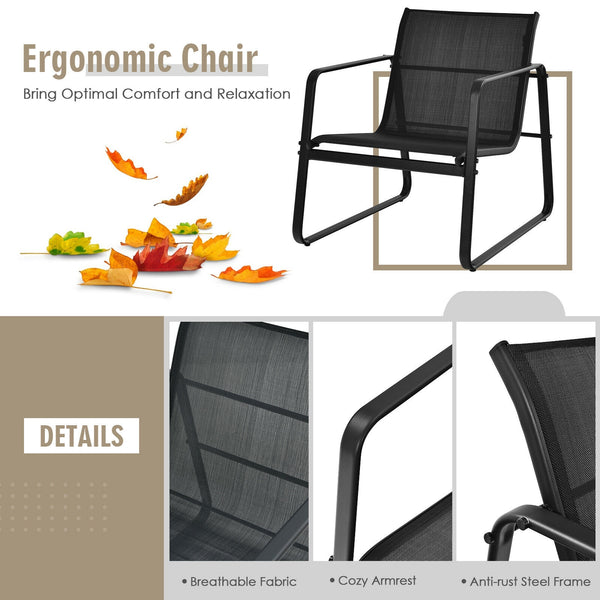 Brighten up your outdoor space with this 3-piece outdoor modern conversation set! Â  Made of anti-rust steel frame and fast-drying fabric  this patio bistro set can stay outside. Moreover  the widened seat  cozy backrest  ergonomic armrests and breathable