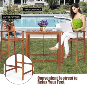 This patio bar set includes 1 bar table and 2 bar stools. Â  As a simple but elegant design with high durability and great comfort  our bar set will be your fabulous companion during outdoor leisure time. Made of high-quality acacia wood  the patio set po