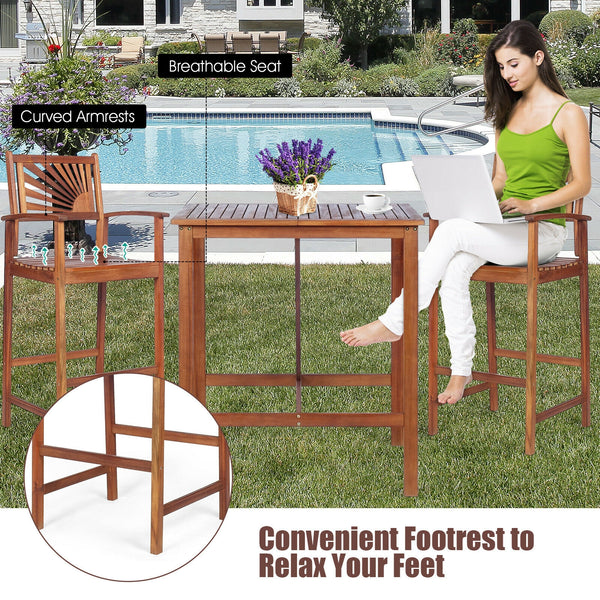 This patio bar set includes 1 bar table and 2 bar stools. Â  As a simple but elegant design with high durability and great comfort  our bar set will be your fabulous companion during outdoor leisure time. Made of high-quality acacia wood  the patio set po