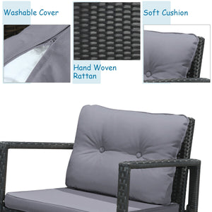 Including 1 table with tempered glass top and 2 rocking chairs <br>Sturdy and heavy steel frame ensures large weight capacity <br>High-quality PE wicker can withstand the moderate change in weather <br>Slightly sloping back and seat of the rocking chair o
