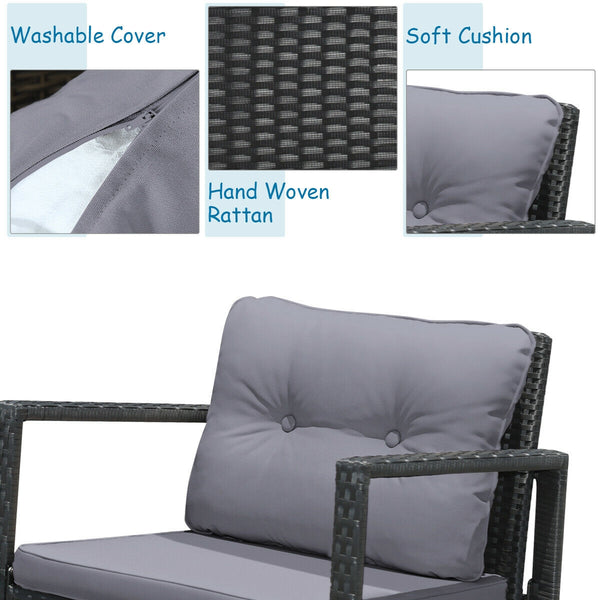Including 1 table with tempered glass top and 2 rocking chairs <br>Sturdy and heavy steel frame ensures large weight capacity <br>High-quality PE wicker can withstand the moderate change in weather <br>Slightly sloping back and seat of the rocking chair o