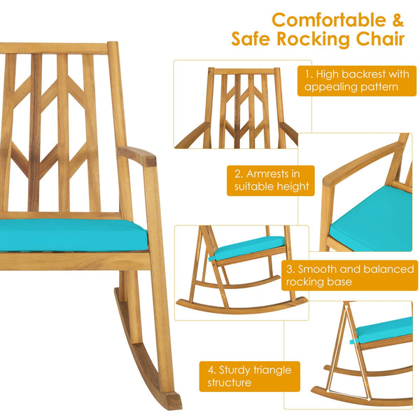 It will be a great experience to relax on a patio rocker with gentle rocking and cozy breeze. Â  And this patio rocking chair will be your perfect choice. The rocking chair is designed with a scientific sturdy base  and your body will be always within the