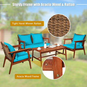 Including 2 x Single sofa  1 x Loveseat  1 x Coffee table  4 x Seat cushion  4 x Back cushion  1 x User guide<br>Hand-woven rattan is breathable and comfortable<br>Thick and soft cushions will provide you excellent comfort<br>Cover with the zipper of the 