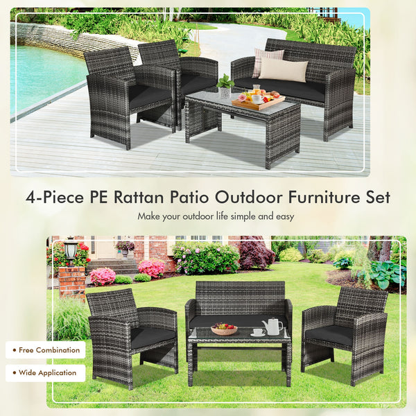 Rattan patio set includes one loveseat  two single chairs and one coffee table. <br>Made of high-quality rattan with strong built-in frame structure <br>Functional and beautiful design perfect for garden  backyard and balcony <br>Rattan coffee table with 