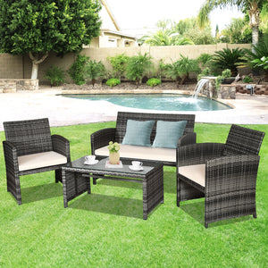 Rattan patio set includes one loveseat  two single chairs and one coffee table. <br>Made of high-quality rattan with strong built-in frame structure <br>Functional and beautiful design perfect for garden  backyard and balcony <br>Rattan coffee table with 