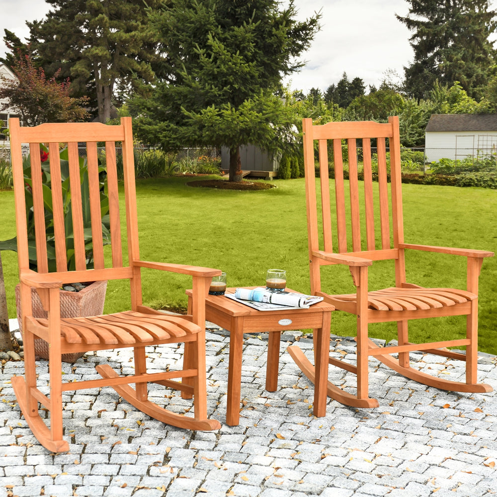 This eucalyptus rocking chair set is perfect for the patio  backyard  porch  garden or beach area. Â  This rocking chair set includes two wood rocking chairs and a coffee table  available for 2 people to relax. The wide backrest with wide batten and ergon
