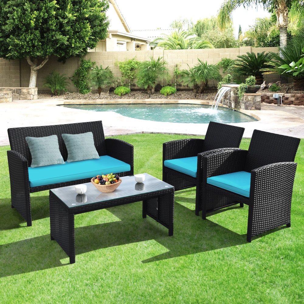 Comes with foot pads to protect the floor and add stability to the set<br>High-quality rattan and steel materials are used to ensure a long lifespan<br>PE rattan is waterproof and corrosion resistant<br>Suitable for balcony  rooftop  backyard  poolside  a