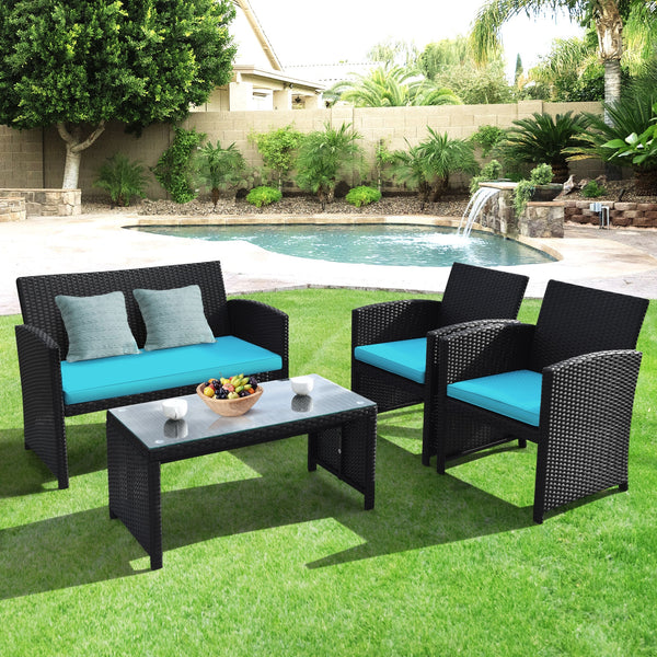 Comes with foot pads to protect the floor and add stability to the set<br>High-quality rattan and steel materials are used to ensure a long lifespan<br>PE rattan is waterproof and corrosion resistant<br>Suitable for balcony  rooftop  backyard  poolside  a