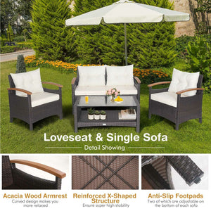This 4-piece patio rattan conversation set will be a perfect addition to your backyard or other outdoor occasions. Â  Constructed of heavy-duty and anti-rust steel frame  all the loveseat  single sofas and coffee table can withstand strong weight. And the