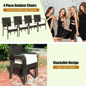 These stacking chairs are a great addition to different outdoor places  such as poolside  garden  backyard and patio  etc. Â  Are you bothered to find a comfortable outdoor furniture set? These set of 4 outdoor rattan dining chairs are the perfect solutio