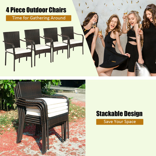 These stacking chairs are a great addition to different outdoor places  such as poolside  garden  backyard and patio  etc. Â  Are you bothered to find a comfortable outdoor furniture set? These set of 4 outdoor rattan dining chairs are the perfect solutio