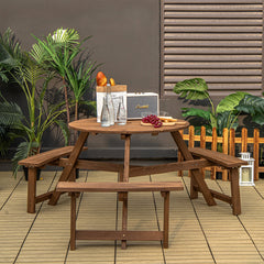 Have a wonderful gathering time with this round wooden picnic table! Â  Holding up to 6 people  this round wooden picnic table is suitable for family or friends gathering to spend an enjoyable leisure time. In order to build a durable outdoor round picnic