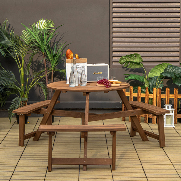 Have a wonderful gathering time with this round wooden picnic table! Â  Holding up to 6 people  this round wooden picnic table is suitable for family or friends gathering to spend an enjoyable leisure time. In order to build a durable outdoor round picnic