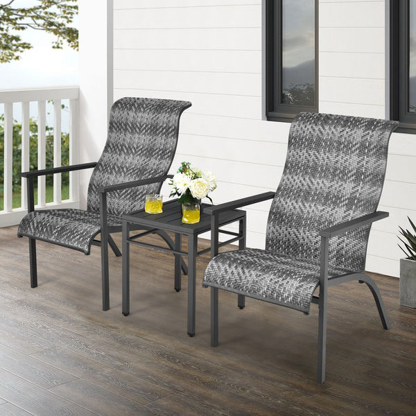 Made of weather-resistant PE rattan and thickened steel pipes with powder coating  this outdoor bistro set can stand the test of time. Â  Which also can be a beautiful addition to your garden  lawn  backyard  patio  balcony or other indoor areas. With com