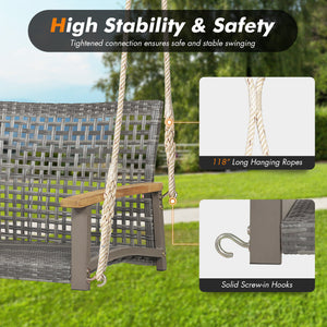 Spacious seat with 47" width allows 2 people to swing together<br>Curved seat  backrest and acacia wood armrests for more comfort<br>Heavy-duty steel frame ensures 800 lbs load capacity<br>Mix gray PE rattan is elegant and weather resistant<br>Include a c