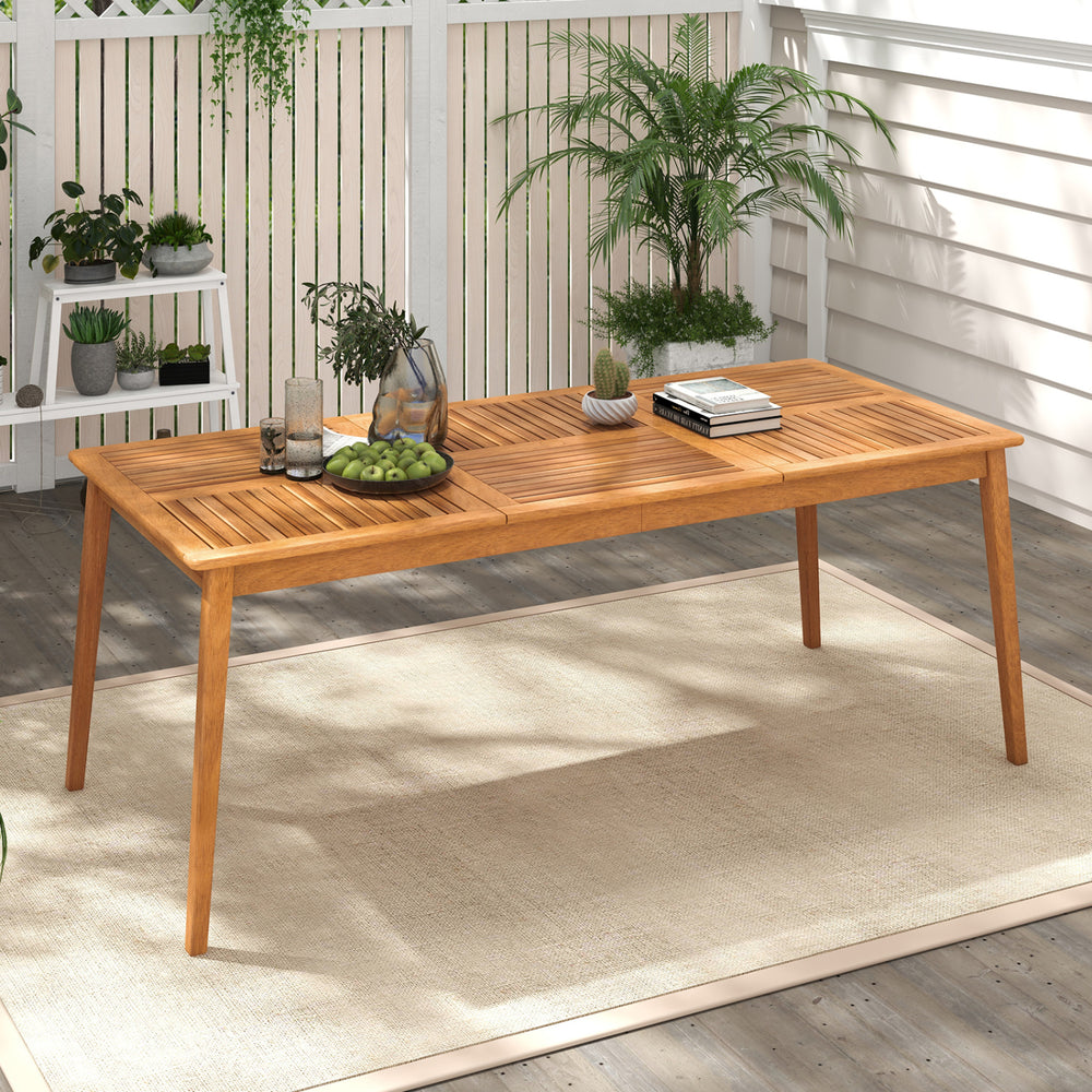 Solid acacia wood with splinter-free surface for stable support <br>The natural wood finish adds a warm and inviting ambiance<br>Designed to comfortably seat 8  it's perfect for outdoor gatherings<br>Allow you to add shade thanks to the 1.96" reserved umb