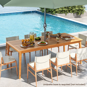 Solid acacia wood with splinter-free surface for stable support <br>The natural wood finish adds a warm and inviting ambiance<br>Designed to comfortably seat 8  it's perfect for outdoor gatherings<br>Allow you to add shade thanks to the 1.96" reserved umb
