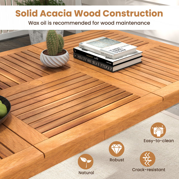 Solid acacia wood with splinter-free surface for stable support <br>The natural wood finish adds a warm and inviting ambiance<br>Designed to comfortably seat 8  it's perfect for outdoor gatherings<br>Allow you to add shade thanks to the 1.96" reserved umb