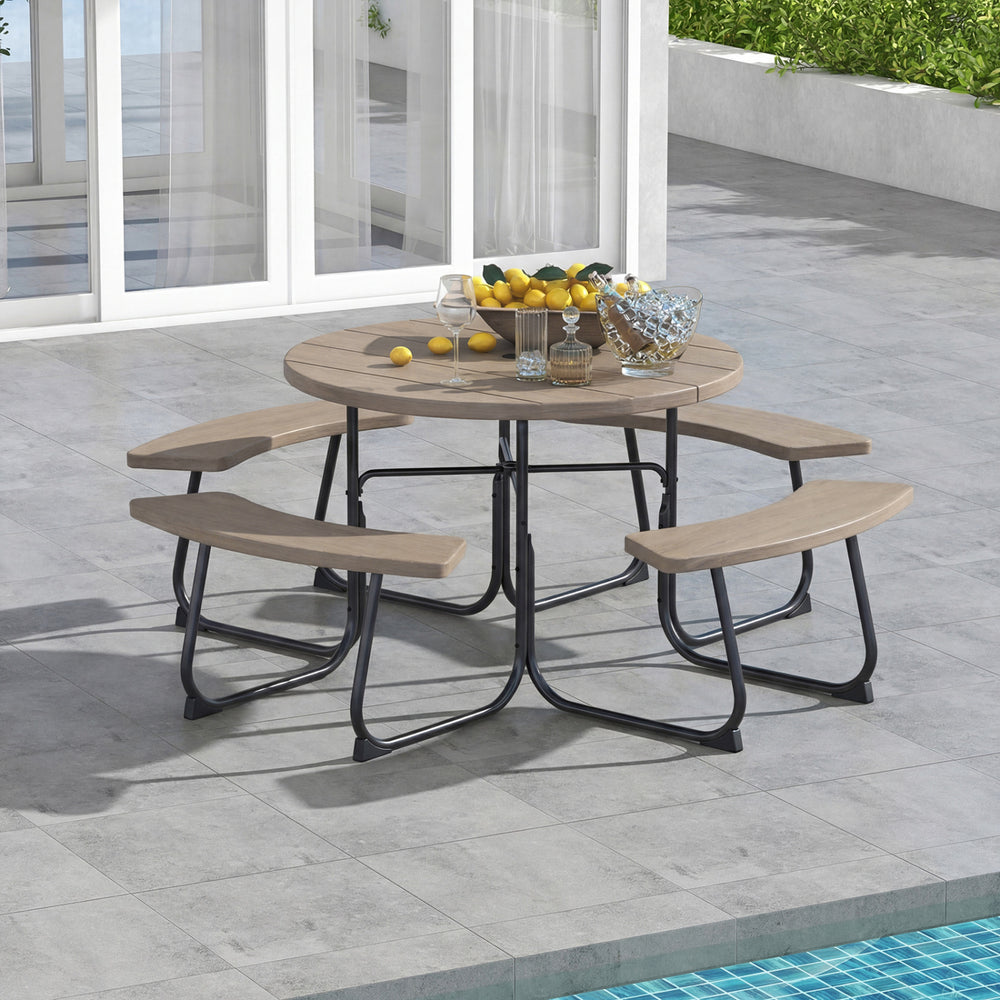 Package will be delivered in 2 boxes (Box 1 includes table and bench panels  Box 2 includes steel frame and hardware)<br>8-person picnic table set is perfect for small parties or gatherings<br>Crafted with all weather HDPE for longevity<br>Metal frame wit