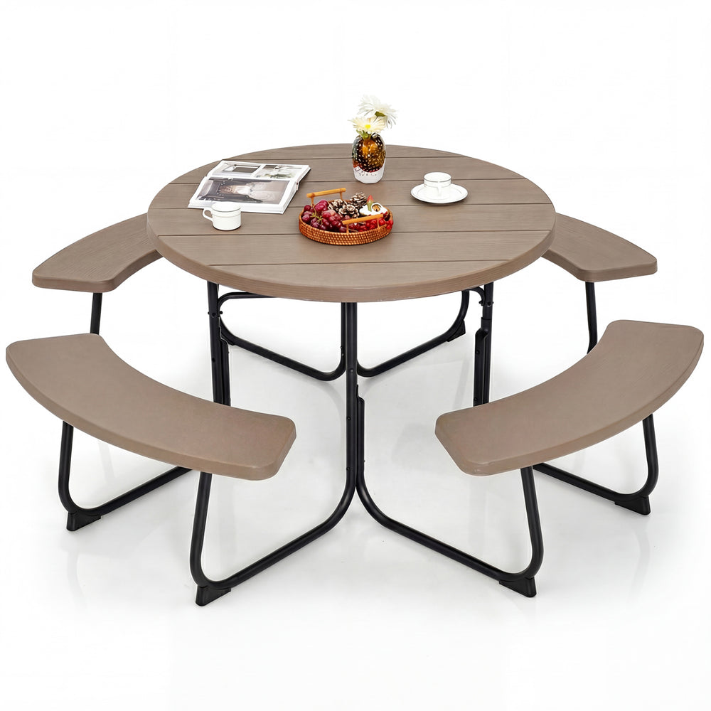 Package will be delivered in 2 boxes (Box 1 includes table and bench panels  Box 2 includes steel frame and hardware)<br>8-person picnic table set is perfect for small parties or gatherings<br>Crafted with all weather HDPE for longevity<br>Metal frame wit