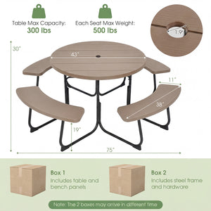 Package will be delivered in 2 boxes (Box 1 includes table and bench panels  Box 2 includes steel frame and hardware)<br>8-person picnic table set is perfect for small parties or gatherings<br>Crafted with all weather HDPE for longevity<br>Metal frame wit
