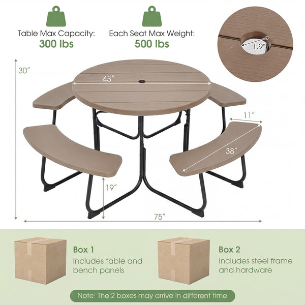 Package will be delivered in 2 boxes (Box 1 includes table and bench panels  Box 2 includes steel frame and hardware)<br>8-person picnic table set is perfect for small parties or gatherings<br>Crafted with all weather HDPE for longevity<br>Metal frame wit