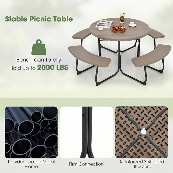 Package will be delivered in 2 boxes (Box 1 includes table and bench panels  Box 2 includes steel frame and hardware)<br>8-person picnic table set is perfect for small parties or gatherings<br>Crafted with all weather HDPE for longevity<br>Metal frame wit