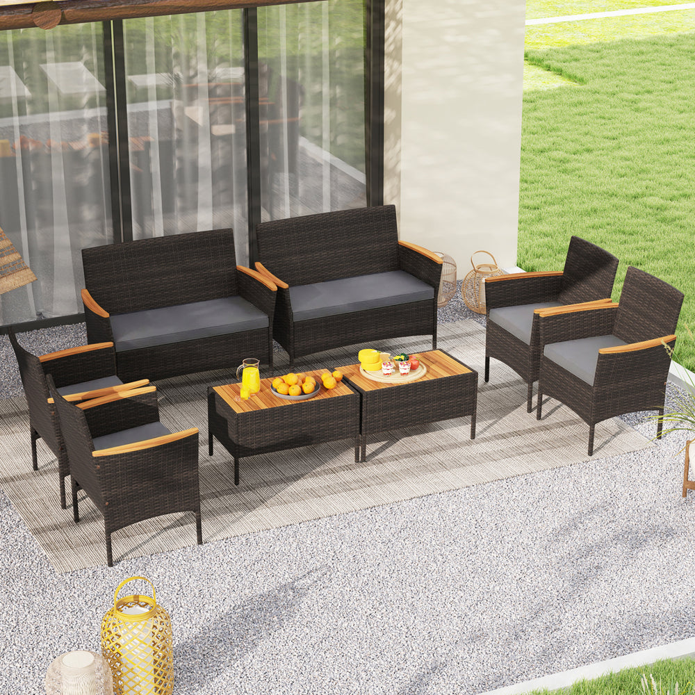 Premium hand-woven PE rattan for long-lasting beauty<br>Robust metal frame offers strong support<br>Each armchair can load 400 lbs  and loveseat can load up to 800 lbs<br>Acacia wood armrests and tabletop for more elegance<br>Soft seat and cushions make t