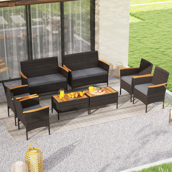 Premium hand-woven PE rattan for long-lasting beauty<br>Robust metal frame offers strong support<br>Each armchair can load 400 lbs  and loveseat can load up to 800 lbs<br>Acacia wood armrests and tabletop for more elegance<br>Soft seat and cushions make t