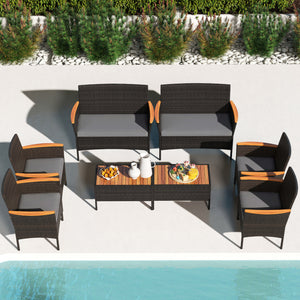 Premium hand-woven PE rattan for long-lasting beauty<br>Robust metal frame offers strong support<br>Each armchair can load 400 lbs  and loveseat can load up to 800 lbs<br>Acacia wood armrests and tabletop for more elegance<br>Soft seat and cushions make t