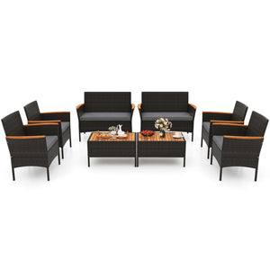 Premium hand-woven PE rattan for long-lasting beauty<br>Robust metal frame offers strong support<br>Each armchair can load 400 lbs  and loveseat can load up to 800 lbs<br>Acacia wood armrests and tabletop for more elegance<br>Soft seat and cushions make t