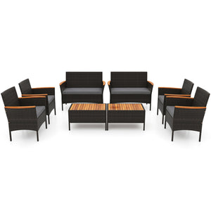 Premium hand-woven PE rattan for long-lasting beauty<br>Robust metal frame offers strong support<br>Each armchair can load 400 lbs  and loveseat can load up to 800 lbs<br>Acacia wood armrests and tabletop for more elegance<br>Soft seat and cushions make t