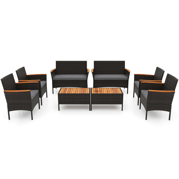 Premium hand-woven PE rattan for long-lasting beauty<br>Robust metal frame offers strong support<br>Each armchair can load 400 lbs  and loveseat can load up to 800 lbs<br>Acacia wood armrests and tabletop for more elegance<br>Soft seat and cushions make t