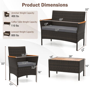 Premium hand-woven PE rattan for long-lasting beauty<br>Robust metal frame offers strong support<br>Each armchair can load 400 lbs  and loveseat can load up to 800 lbs<br>Acacia wood armrests and tabletop for more elegance<br>Soft seat and cushions make t