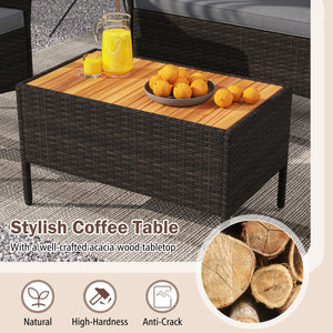 Premium hand-woven PE rattan for long-lasting beauty<br>Robust metal frame offers strong support<br>Each armchair can load 400 lbs  and loveseat can load up to 800 lbs<br>Acacia wood armrests and tabletop for more elegance<br>Soft seat and cushions make t