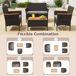 Premium hand-woven PE rattan for long-lasting beauty<br>Robust metal frame offers strong support<br>Each armchair can load 400 lbs  and loveseat can load up to 800 lbs<br>Acacia wood armrests and tabletop for more elegance<br>Soft seat and cushions make t