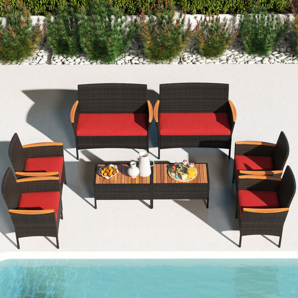 Premium hand-woven PE rattan for long-lasting beauty<br>Robust metal frame offers strong support<br>Each armchair can load 400 lbs  and loveseat can load up to 800 lbs<br>Acacia wood armrests and tabletop for more elegance<br>Soft seat and cushions make t