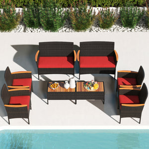 Premium hand-woven PE rattan for long-lasting beauty<br>Robust metal frame offers strong support<br>Each armchair can load 400 lbs  and loveseat can load up to 800 lbs<br>Acacia wood armrests and tabletop for more elegance<br>Soft seat and cushions make t