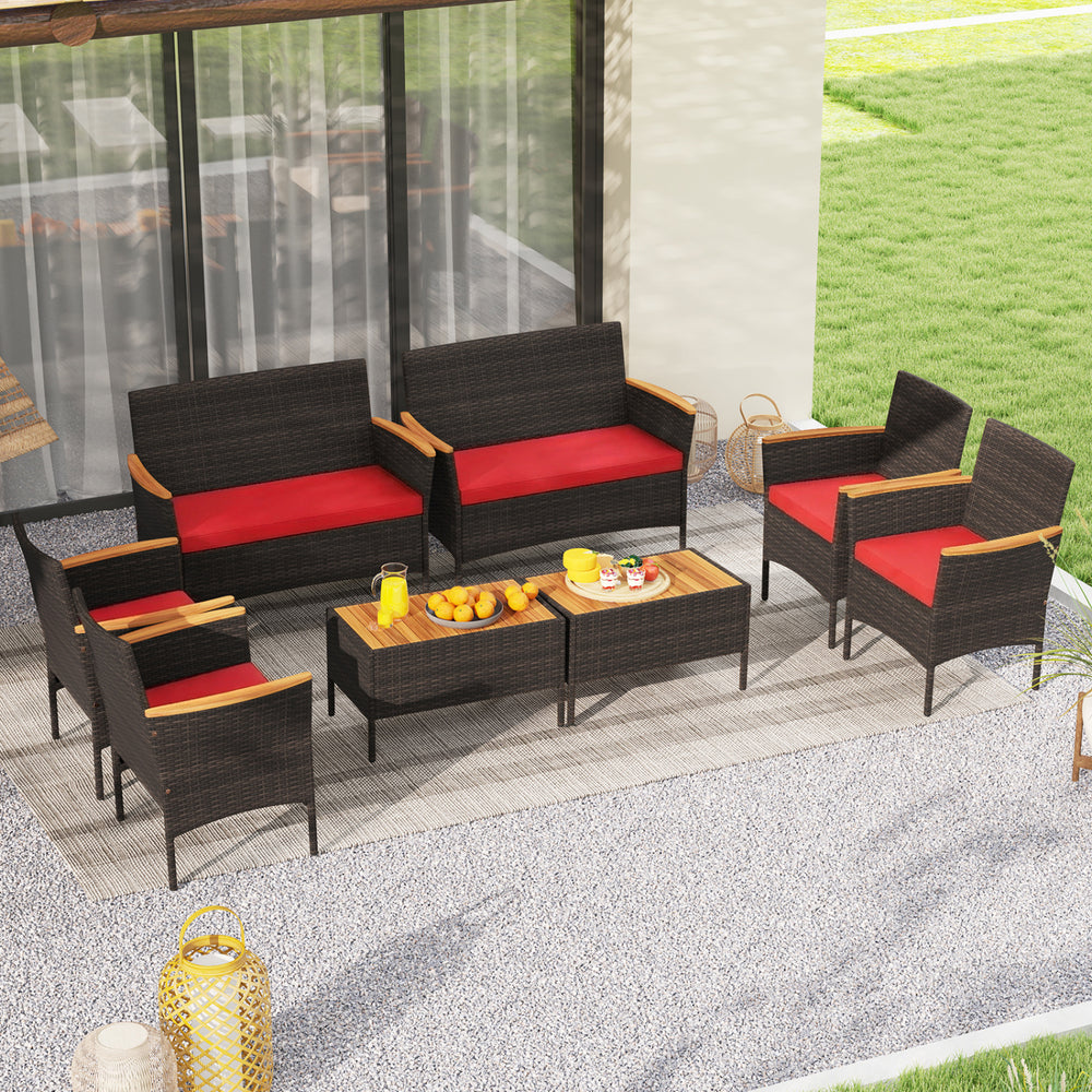 Premium hand-woven PE rattan for long-lasting beauty<br>Robust metal frame offers strong support<br>Each armchair can load 400 lbs  and loveseat can load up to 800 lbs<br>Acacia wood armrests and tabletop for more elegance<br>Soft seat and cushions make t
