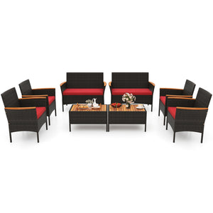 Premium hand-woven PE rattan for long-lasting beauty<br>Robust metal frame offers strong support<br>Each armchair can load 400 lbs  and loveseat can load up to 800 lbs<br>Acacia wood armrests and tabletop for more elegance<br>Soft seat and cushions make t