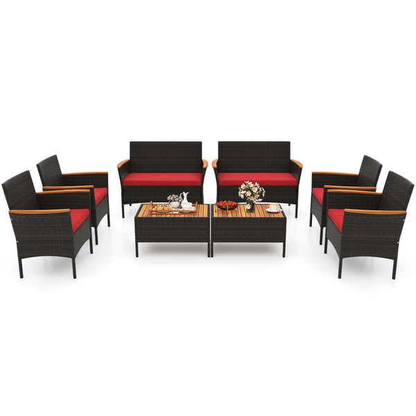 Premium hand-woven PE rattan for long-lasting beauty<br>Robust metal frame offers strong support<br>Each armchair can load 400 lbs  and loveseat can load up to 800 lbs<br>Acacia wood armrests and tabletop for more elegance<br>Soft seat and cushions make t