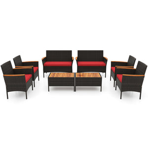 Premium hand-woven PE rattan for long-lasting beauty<br>Robust metal frame offers strong support<br>Each armchair can load 400 lbs  and loveseat can load up to 800 lbs<br>Acacia wood armrests and tabletop for more elegance<br>Soft seat and cushions make t