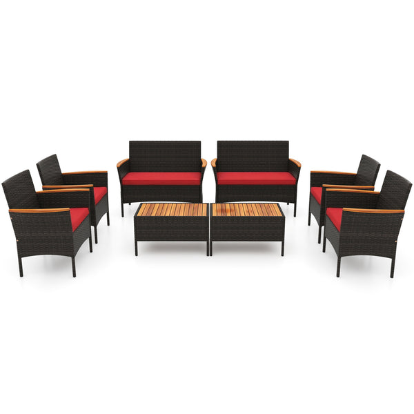 Premium hand-woven PE rattan for long-lasting beauty<br>Robust metal frame offers strong support<br>Each armchair can load 400 lbs  and loveseat can load up to 800 lbs<br>Acacia wood armrests and tabletop for more elegance<br>Soft seat and cushions make t