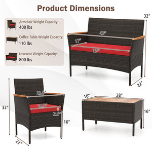 Premium hand-woven PE rattan for long-lasting beauty<br>Robust metal frame offers strong support<br>Each armchair can load 400 lbs  and loveseat can load up to 800 lbs<br>Acacia wood armrests and tabletop for more elegance<br>Soft seat and cushions make t