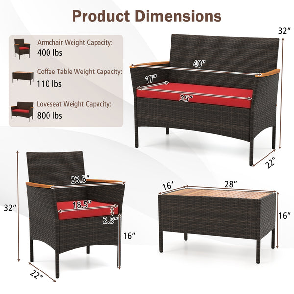 Premium hand-woven PE rattan for long-lasting beauty<br>Robust metal frame offers strong support<br>Each armchair can load 400 lbs  and loveseat can load up to 800 lbs<br>Acacia wood armrests and tabletop for more elegance<br>Soft seat and cushions make t