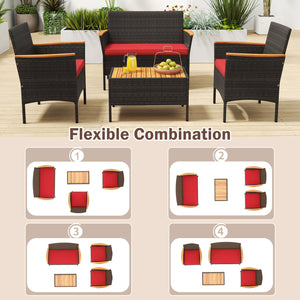 Premium hand-woven PE rattan for long-lasting beauty<br>Robust metal frame offers strong support<br>Each armchair can load 400 lbs  and loveseat can load up to 800 lbs<br>Acacia wood armrests and tabletop for more elegance<br>Soft seat and cushions make t
